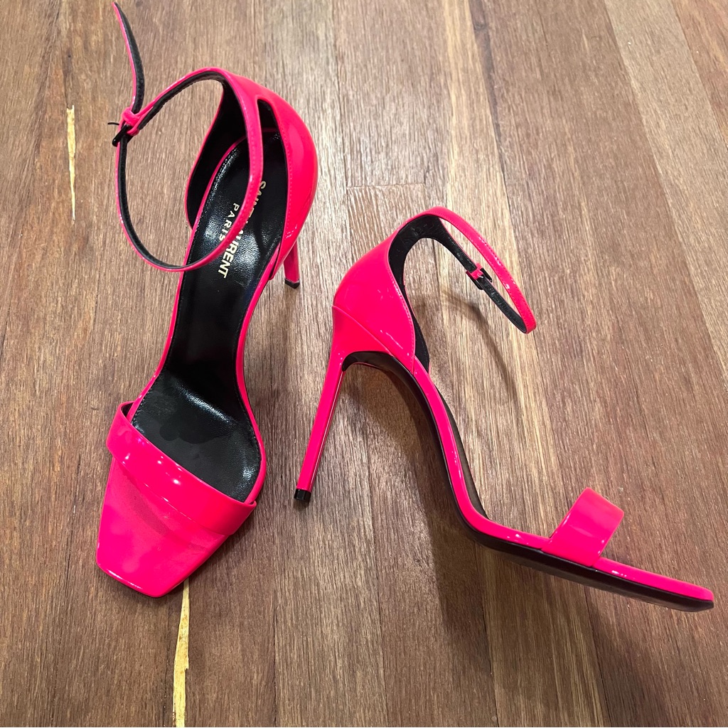 Saint Laurent Hot Pink Patent Leather Ankle Strap Heels, Made In Italy, Size 42